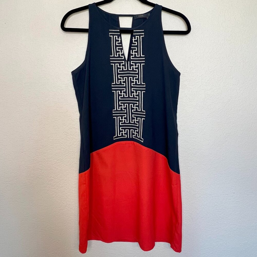 THML Embroidered Shift Dress Navy Coral Orange Colorblock Keyhole Sleeveless S